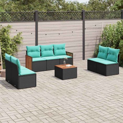 Ensemble salon de jardin 8 pièces en résine tressée noire avec coussins bleus - PANGIVO (1/5)
