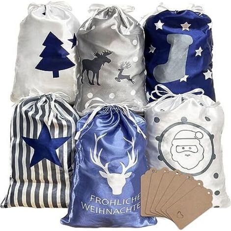 Sac à Cordon Cadeau Noel En Tissu, Set De Sacs Cadeaux De Noël Et Étiquettes, Sac D'Emballage Tissus Bonbon Chocolat Reutilisable Surprise Anniversaire Fenetre Decoration 6pc