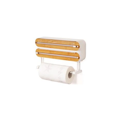 3 in 1 Derouleur Film Alimentaire avec Porte Sopalin , Distributeur Film Alimentaire, Magnétique Distributeur Papier Aluminium et Film avec Coupeur (Couleur Bambou et Bois)
