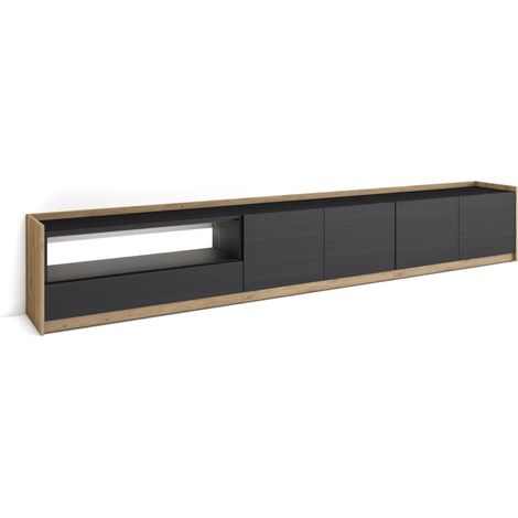 Skraut Home - Mueble TV, Televisión, Muebles de salón, almacenaje, 310x37x50cm, Para TV hasta 80", LED, Estilo Moderno, Negro y roble (1/5)