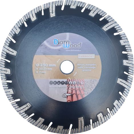 Diamwood – Disque diamant turbo 230 mm – Alésage 22,23 mm – Jante 7 mm pour coupe rapide sur béton, carrelage, margelle