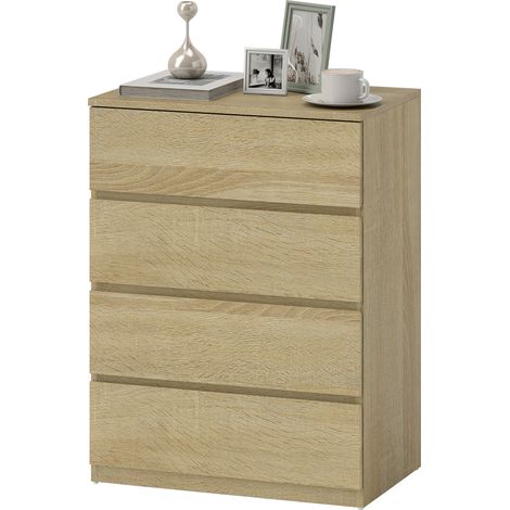 Commode en bois à 4 tiroirs avec glissières métalliques et poignées rainurées, 60 x 40 x 80 cm, couleur hêtre