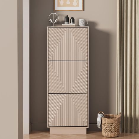 UEV Scarpiera da Ingresso con 3 Ante in Deisgn Intaglio, Mobile Scarpiera Bella e Funzionale con Ripiani Rimovibile e Regolabile, Scarpiere Salvaspazio Slim Stabili, 50 x 24 x 131cm, Beige Mocca