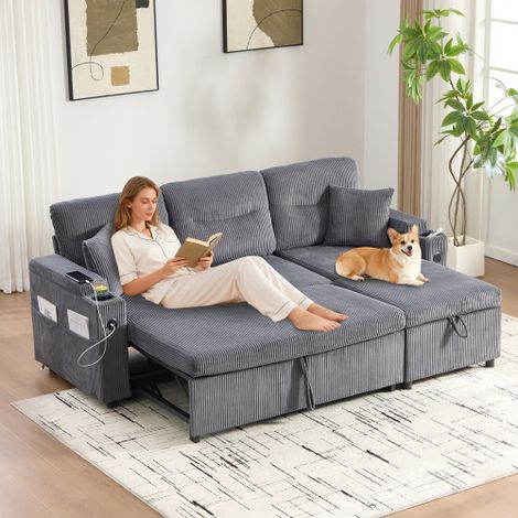 Canapé 3 places moderne en velours côtelé avec espace de rangement, porte-gobelets et port USB-C. Méridienne hydraulique et lit escamotable – un design élégant allié confort, flexibilité et une ambian