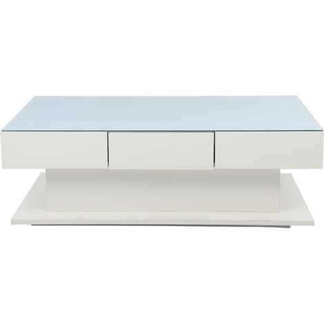 Table basse blanche moderne avec tiroir, table d'appoint en verre trempé, rangement domestique (1/5)