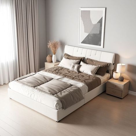 Lit hydraulique adulte 140x200 cm avec rangement, ports USB, velours teddy - Lit coffre double blanc crème Style minimaliste moderne (1/5)
