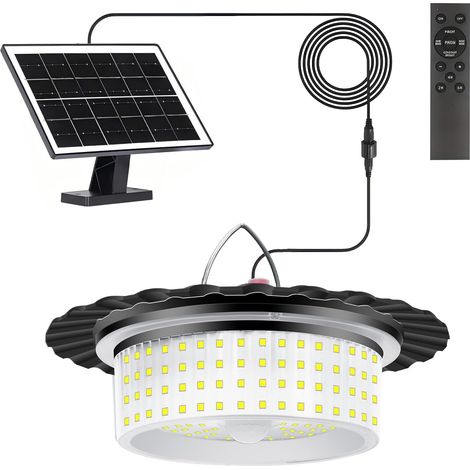 Lampe Solaire Exterieur Interieur, 244 LED Eclairage Solaire Exterieur avec Télécommande, Détecteur de Mouvement, Minuterie, 5 Modes Lumiere Solaire pour Maison, Jardin, Tonnelle, Garage