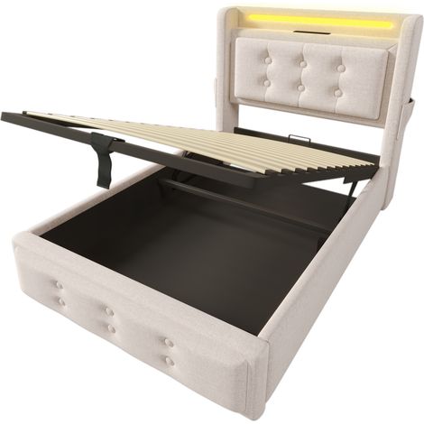 Cama con canapé 1 plaza 90x200 cm con cabecero LED y puertos USB-C, beige, HOMVRA (1/5)