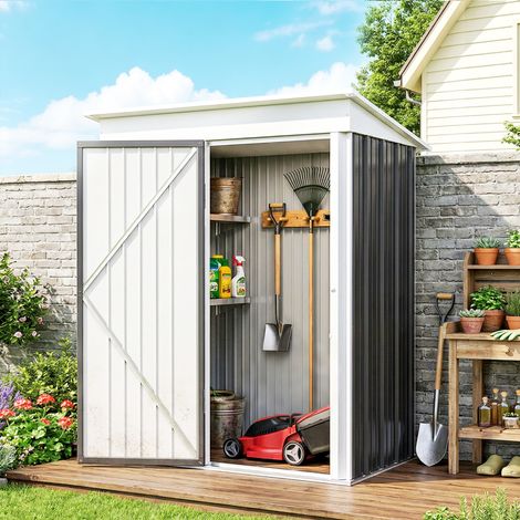 Abri de jardin. Abri à outils extérieur en tôle ondulée. Fixation murale. Étagères réglables. Porte verrouillable. Gris foncé. (1/5)