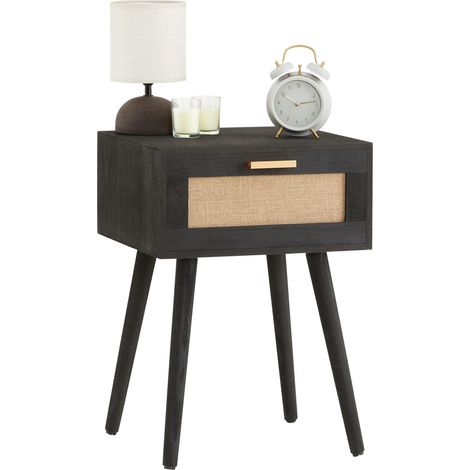 Table de chevet KIRAN 1 tiroir, en bois noir et lin
