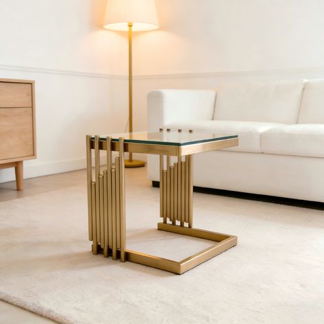 Tavolino quadrato 41 cm in vetro temperato e acciaio inox oro, finitura a specchio (1/5)