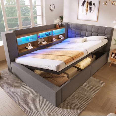lit adulte rangement 140x200 LED tissu gris OKMYHOME (1/5)