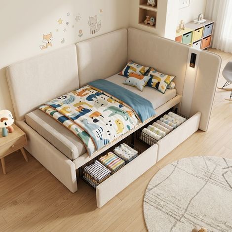Daybett 90x200 cm mit  2 Schubladen, Polsterbett, Tagesbett, Schlafsofa mit USB-Ladeanschluss und Leselampe, Samt, beige