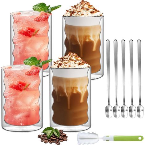 Verres double paroi 350ml avec cuillères, set en verre borosilicaté courbé