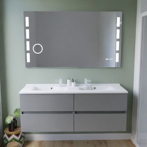 Cuisibane – Meuble double vasque 140 cm en inox – 2 caissons de 70 cm – Miroir LED Excellence 140 cm – Profondeur 45 cm – 4 tiroirs ergonomiques