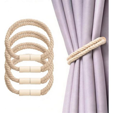 4 Pièces Embrasse pour Rideaux, Corde Torsadée Attache Rideau, Brun Clair Embrasse Rideau Magnetique, Ruban de Rideaux et Embrasses Magnétique, pour Maisons, Hôtels et Dortoirs