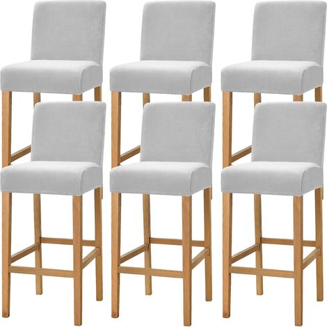 Juego de 6 fundas de terciopelo muy elásticas para taburetes de bar, bares, sillas de comedor y cafeterías. Fundas antideslizantes con elástico en la parte inferior, color gris claro. (1/5)