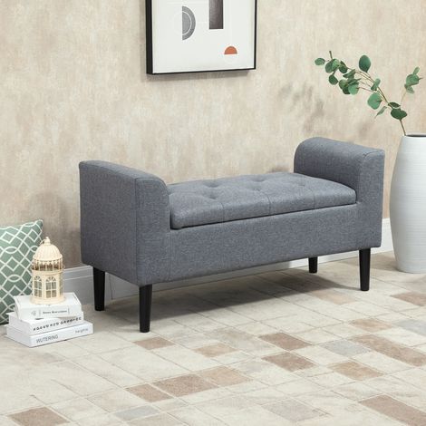 Sitzbank mit Stauraum, Polsterbank, belastbar bis 130 kg, Leinenoptik, Kautschukholz, 116 x 44 x 58 cm, Hellgrau