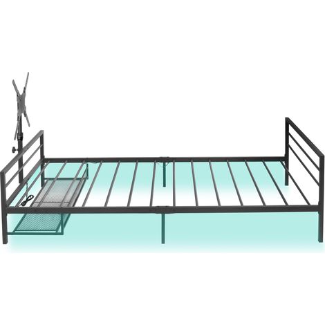Cama gaming negra de metal de 206 cm con iluminación LED, soporte de pantalla regulable y cestas (1/5)