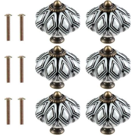 Set of 6 Black Round Ceramic Cabinet Knobs - Antique Pumpkin Style - Rustic Retro Style Cupboard and Drawer Knobs (1/5)