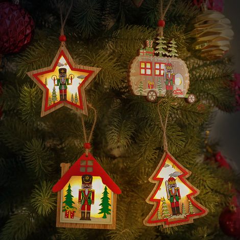 4 pièces de nouveau soldat de noyer lumineux peint en bois de Noël petit pendentif accessoires de décoration d'arbre de Noël petit pendentif (1/2)