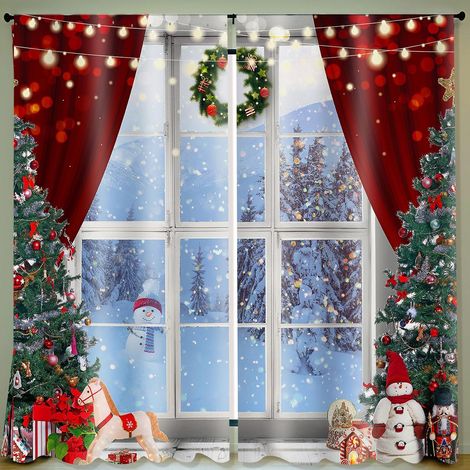 Rideaux de Noël 83 x 81 pouces : rideaux de fenêtre pour chambre d'hiver, rideaux arbre Noël pour salon, rideaux pour ferme, salle de bains, cuisine, village (Classique) (1/5)