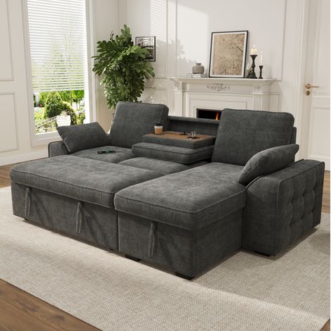 Canapé d'angle 3 places gris foncé avec rangement, lit escamotable et USB (1/5)