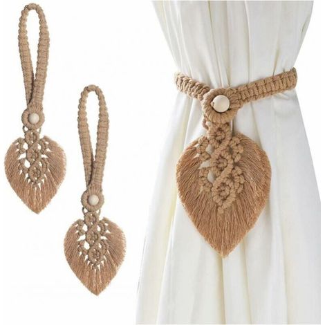 2 Pack Beige Button Curtain Tiebacks, Leaf Curtain Holdbacks, Hooks, Rope Holder Buckle, Handmade Weaving, Bohemian Tassel Tiebacks, Decoration, Brown (1/5)