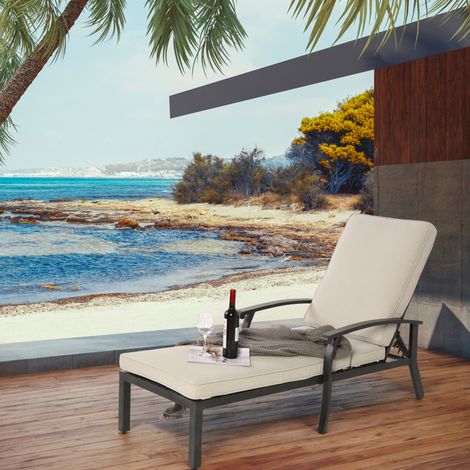 Sillón exterior reclinable con cojín beige aluminio OKMYHOME (1/5)