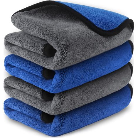 Chiffons Microfibre Voiture Professionnel Efficace Lot de 4, Serviettes pour Detailing Auto Moto, Torchons 800 GSM Anti Rayures Polissage Super Absorbant Séchage, 40 x 40 cm, Bleu et Gris