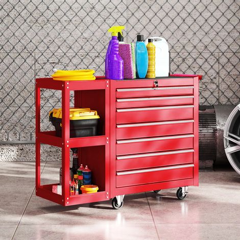 Chariot d'atelier/chariot à outils avec 7 tiroirs, étagère latérale amovible, 4 roulettes avec freins, 96 x 33,5 x 75 cm, rouge (1/5)