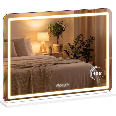 Miroir Maquillage Lumineux 80x60cm, Miroir Coiffeuse LED dimmable, lumière RGB, 3 températures de Couleur, Haut-Parleur Bluetooth, grossissant 10x, contrôle Tactile, sur Table/sur (1/5)