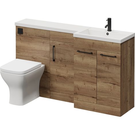 Napoli 390 Tobacco Oak 1500mm 3 Door Vanity Unit Toilet Suite with Right Hand Square Lucia Basin - 1500mm - Matt Black 160mm HandleWith Kingston Toilet Pan and Seat
