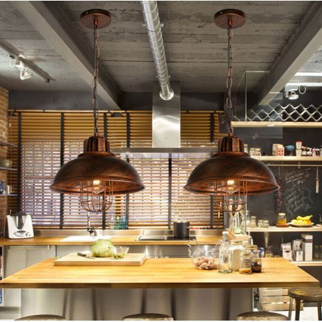 Lot de 2 Rétro Vintage Lustre Suspension Industrielle E27 33cm Plafonnier Abat-jour en Métal Luminaire Bronze (1/5)