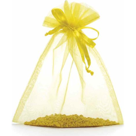 Sacchetti in organza giallo limone con tirante di chiusura ideale per confezionare in maniera pratica, set da 50 pezzi, cm 17 x 22 H (al tirante17)