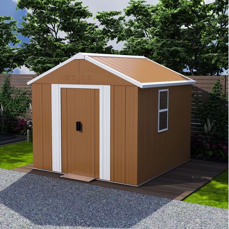 Casetta da giardino in metallo 1,8 x 1,2 m con doppia porta scorrevole chiudibile a chiave, ventilazione, tetto a due falde marrone (1/5)