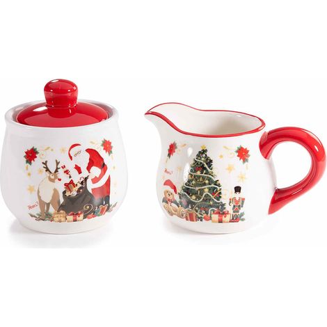 Pot à lait et sucrier en céramique avec couvercle, décors de Noël, lot de 4, sucrier : diam. 9,5 x H. 11 cm