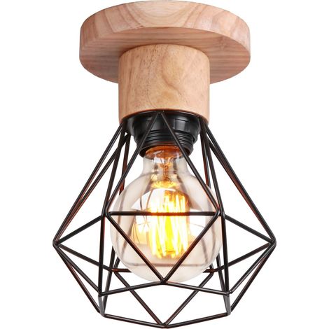 Plafonnier E27 Vintage Lustre Abat-jour en Métal et Bois Ø160mm Suspension Luminaire Industrielle Rétro Ampoule non incluse(Plafonnier-1pcs) (1/5)