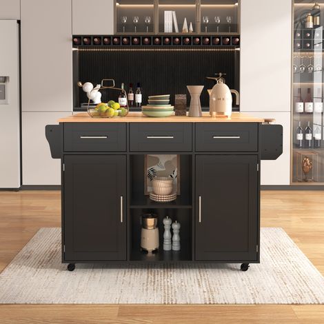 Carro de cocina 139/46(71) cm negro/natural con tablero abatible y gran almacenaje (1/5)