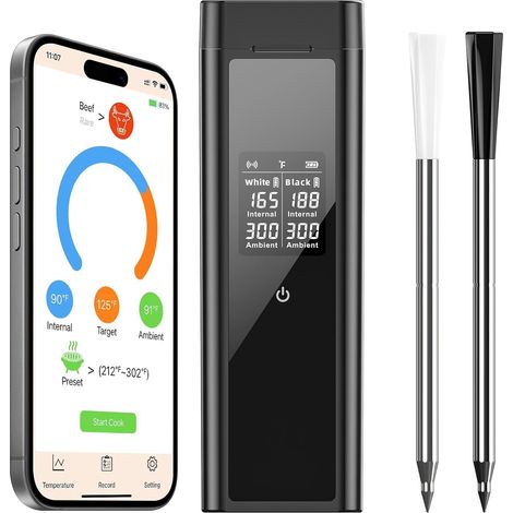 BlueSwan Kitchen Thermometer with 2 Probes IP67 Dishwasher Compatible 150 m Bluetooth App 9 Modes BBQ Meat Thermometer Smart Magnetic Box for BBQ Smoker Garden Roaster (1/5)
