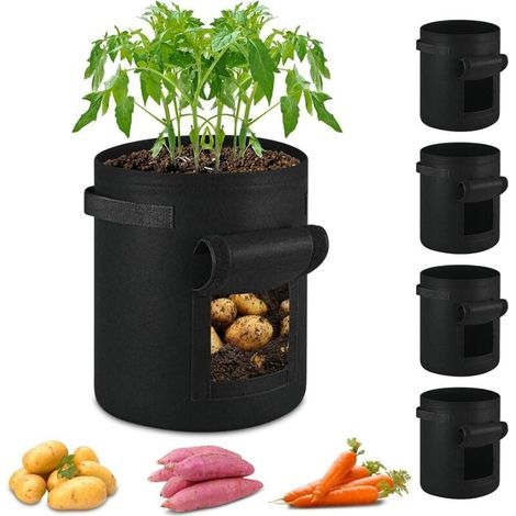 5 sacs de plantation non tissés de 20 L, adaptés à la culture de fruits et légumes sur le balcon ou le jardin, noirs (1/4)