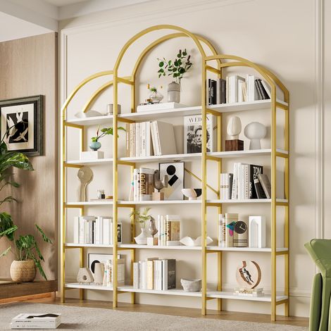 Scaffale a 5 ripiani, MDF + metallo, design a nuvola, spazio per soggiorno/camera da letto, 170x26x190 cm, oro (1/5)