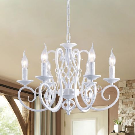 6-Light White Candle Chandelier, Adjustable Height Pendant Light for Sloped & Flat Ceilings (1/5)