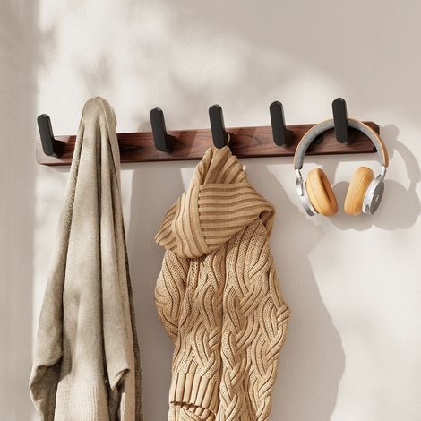 Porte Manteau Mural Bois Noyer with 6 Crochets, Bois Massif Porte Manteau Salle De Bain, Patere Murale pour une Entrée, Chambre, Salle de Bain (1/5)