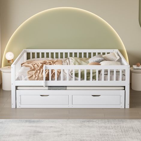 Lit canapé-lit bois massif-2 tiroirs-Barrière sécurité-Sommier lattes-205x145-239x77,5cm-Sans Matelas (1/5)