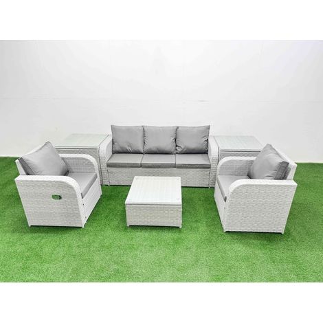 Fimous PE Rattan Garden Furniture Set Reclining Chair Sofa Lounge Sofa Set Square Coffee Table 2 Side Table Light Grey (1/4)