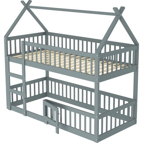 Lit superposé enfant 90200, lit familial pour enfant, lit superposé avec escalier, design loft, cadre de lit superposé en bois massif, gris (1/5)