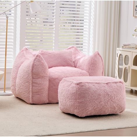 Poltrona sacco morbida, con poggiapiedi, imbottitura in schiuma, in faux fur rosa (1/5)