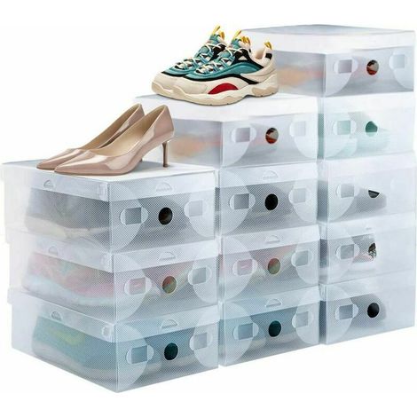 Set di 12 scatole per scarpe impilabili, traspiranti, robuste, in plastica trasparente con sportello frontale per scarpe da ginnastica (taglia 39) - Trasparente