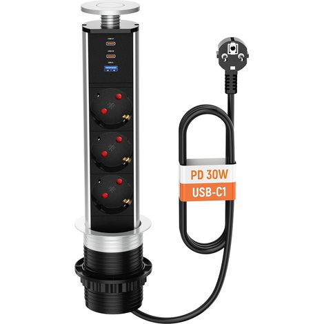 Multiprise Encastrable USB C PD30W avec 3 Prises, Prise Escamotable Plan de Travail 2 USB-C et 1 USB-A, Bloc Prise Escamotable pour Cuisine Bureau Chambres Salon, Câble 1,8m, Diamètre 60mm (1/5)